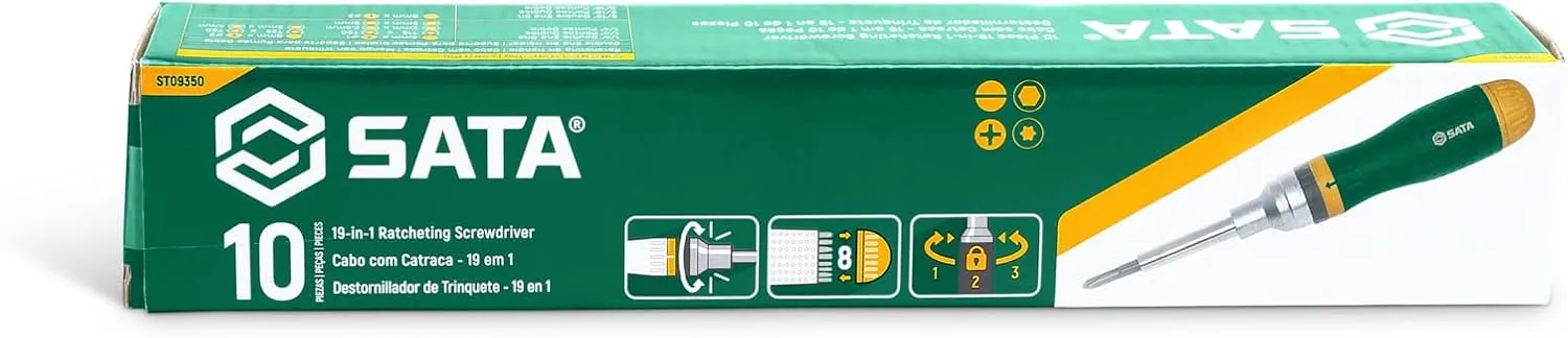 SATA 19-in-1 Multipurpose Ratcheting Screwdriver Set with 8 Double-Sided Bits and a Green and Yellow Oil-Resistant Handle - ST09350, 10 Piece