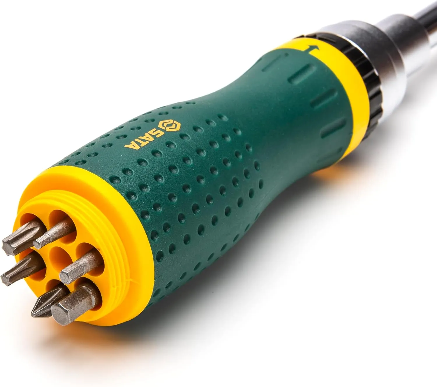 SATA 19-in-1 Multipurpose Ratcheting Screwdriver Set with 8 Double-Sided Bits and a Green and Yellow Oil-Resistant Handle - ST09350, 10 Piece