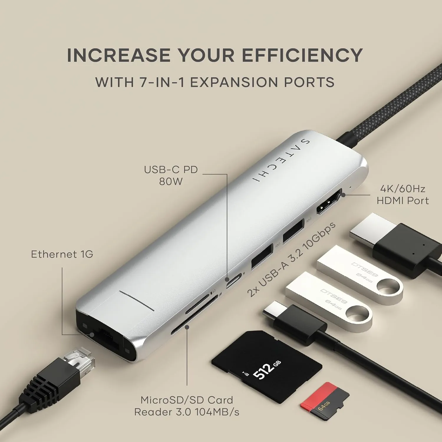 Satechi 7 in 1 USB C Hub Multiport Adapter with 4K HDMI, 100W PD Charging, 2X USB-A Data Ports, Micro/SD Card Readers for MacBook, Windows - Silver