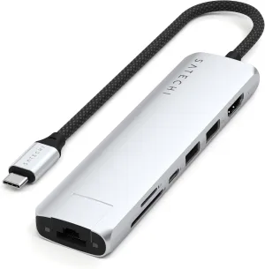 Satechi 7 in 1 USB C Hub Multiport Adapter with 4K HDMI, 100W PD Charging, 2X USB-A Data Ports, Micro/SD Card Readers for MacBook, Windows - Silver