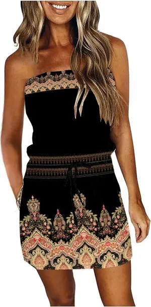 SAUKOLE Summer Dress for Women Strapless Beach Cover Ups Boho Sundress Mini Dress Drawstring Waist with Pockets