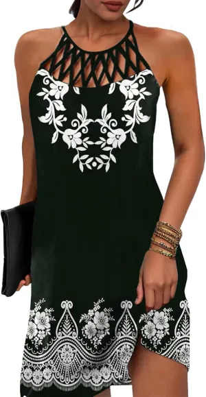 SAUKOLE Womens Summer Halter Neck Hollow Out Sleeveless Dress Floral Print Beach Boho Short Mini Sundresses