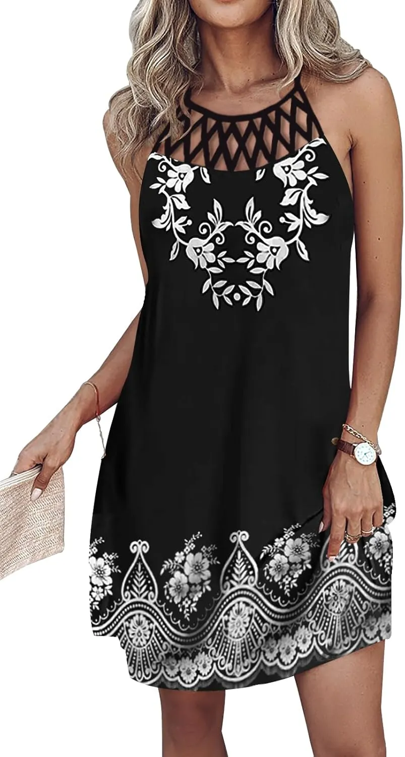 SAUKOLE Womens Summer Halter Neck Hollow Out Sleeveless Dress Floral Print Beach Boho Short Mini Sundresses