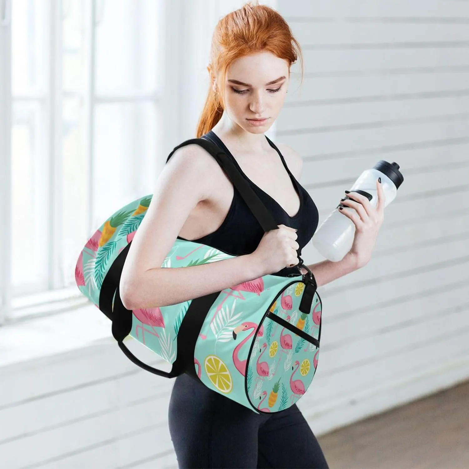 Seamless Pink Flamingos, Pineapples and Exotic Leaves on Turquoise Portable Gym Bag, Travel Bag, Luggage bag, Sports Bag, Toiletry Bag with Handles, Detachable Shoulder Strap 17.6 x 9 x 9 inch