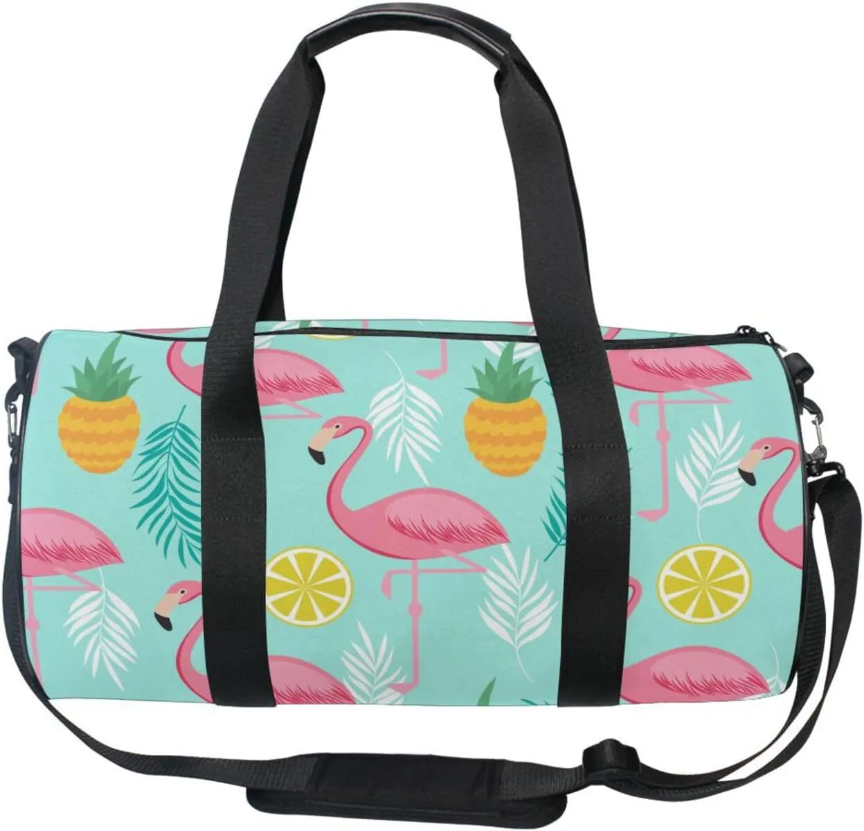 Seamless Pink Flamingos, Pineapples and Exotic Leaves on Turquoise Portable Gym Bag, Travel Bag, Luggage bag, Sports Bag, Toiletry Bag with Handles, Detachable Shoulder Strap 17.6 x 9 x 9 inch