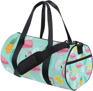 Seamless Pink Flamingos, Pineapples and Exotic Leaves on Turquoise Portable Gym Bag, Travel Bag, Luggage bag, Sports Bag, Toiletry Bag with Handles, Detachable Shoulder Strap 17.6 x 9 x 9 inch