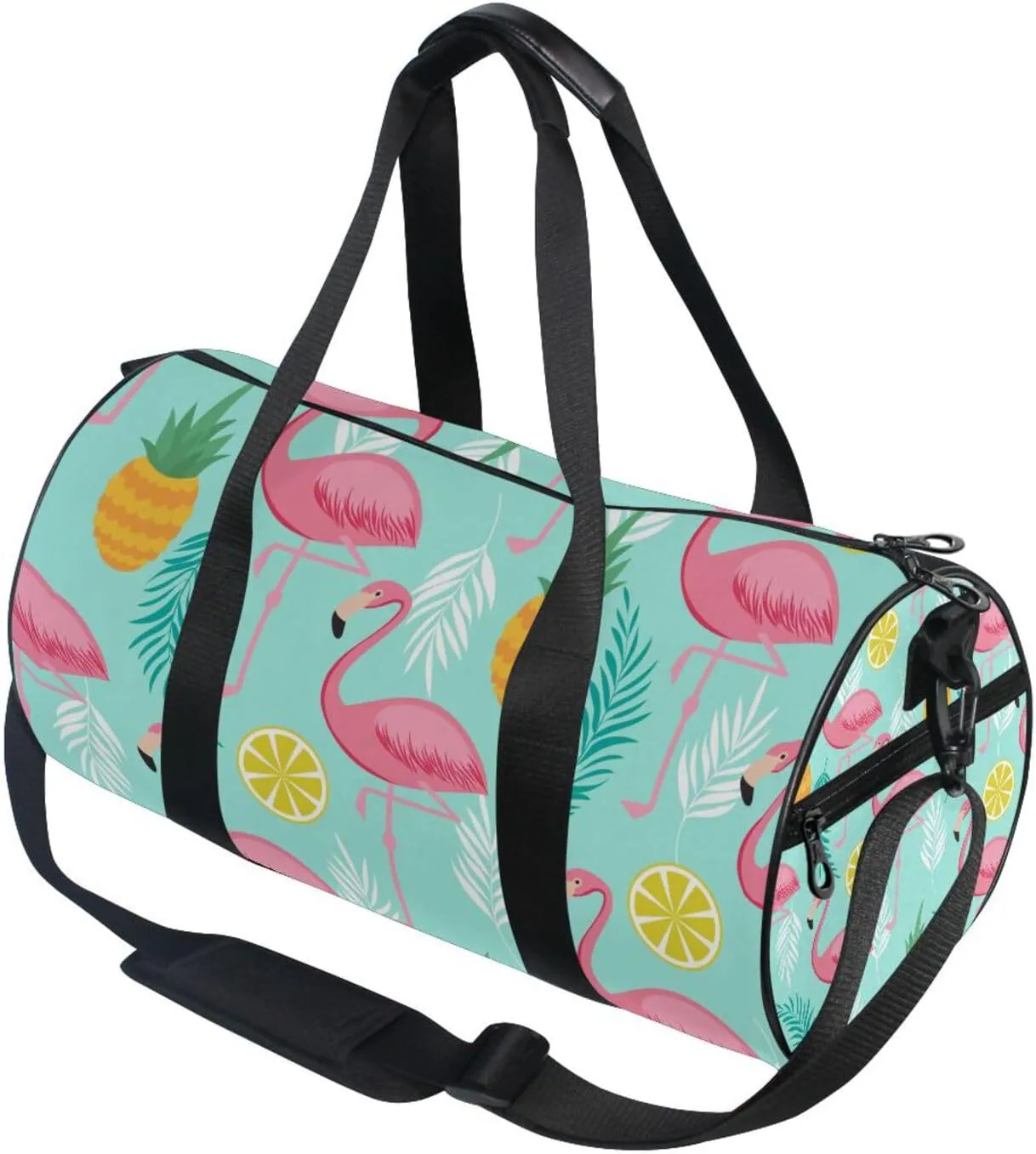 Seamless Pink Flamingos, Pineapples and Exotic Leaves on Turquoise Portable Gym Bag, Travel Bag, Luggage bag, Sports Bag, Toiletry Bag with Handles, Detachable Shoulder Strap 17.6 x 9 x 9 inch