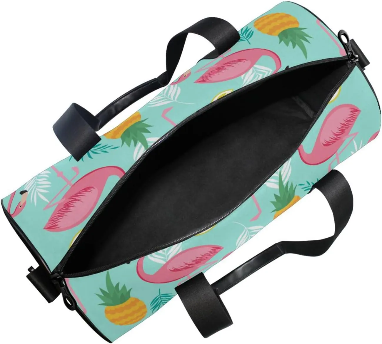 Seamless Pink Flamingos, Pineapples and Exotic Leaves on Turquoise Portable Gym Bag, Travel Bag, Luggage bag, Sports Bag, Toiletry Bag with Handles, Detachable Shoulder Strap 17.6 x 9 x 9 inch