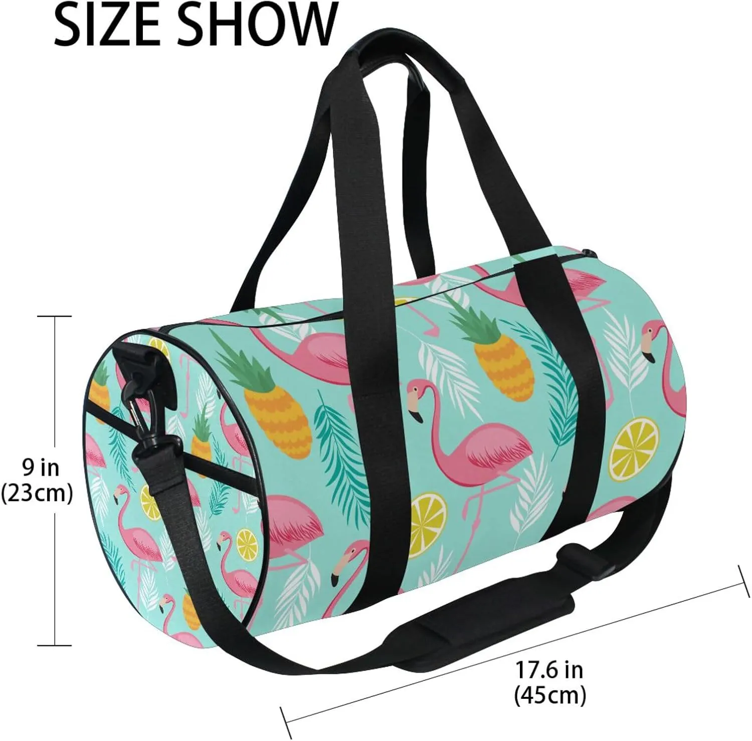 Seamless Pink Flamingos, Pineapples and Exotic Leaves on Turquoise Portable Gym Bag, Travel Bag, Luggage bag, Sports Bag, Toiletry Bag with Handles, Detachable Shoulder Strap 17.6 x 9 x 9 inch