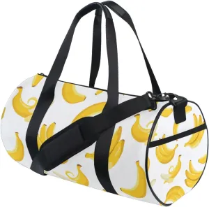 Seamless Summer Exotic Yellow Bananas on White Duffel Bag, Foldable Canvas Travel Tote for Gym Sports with Inner Pockets, Durable Lightweight Fitness Bag for Overnight Workout