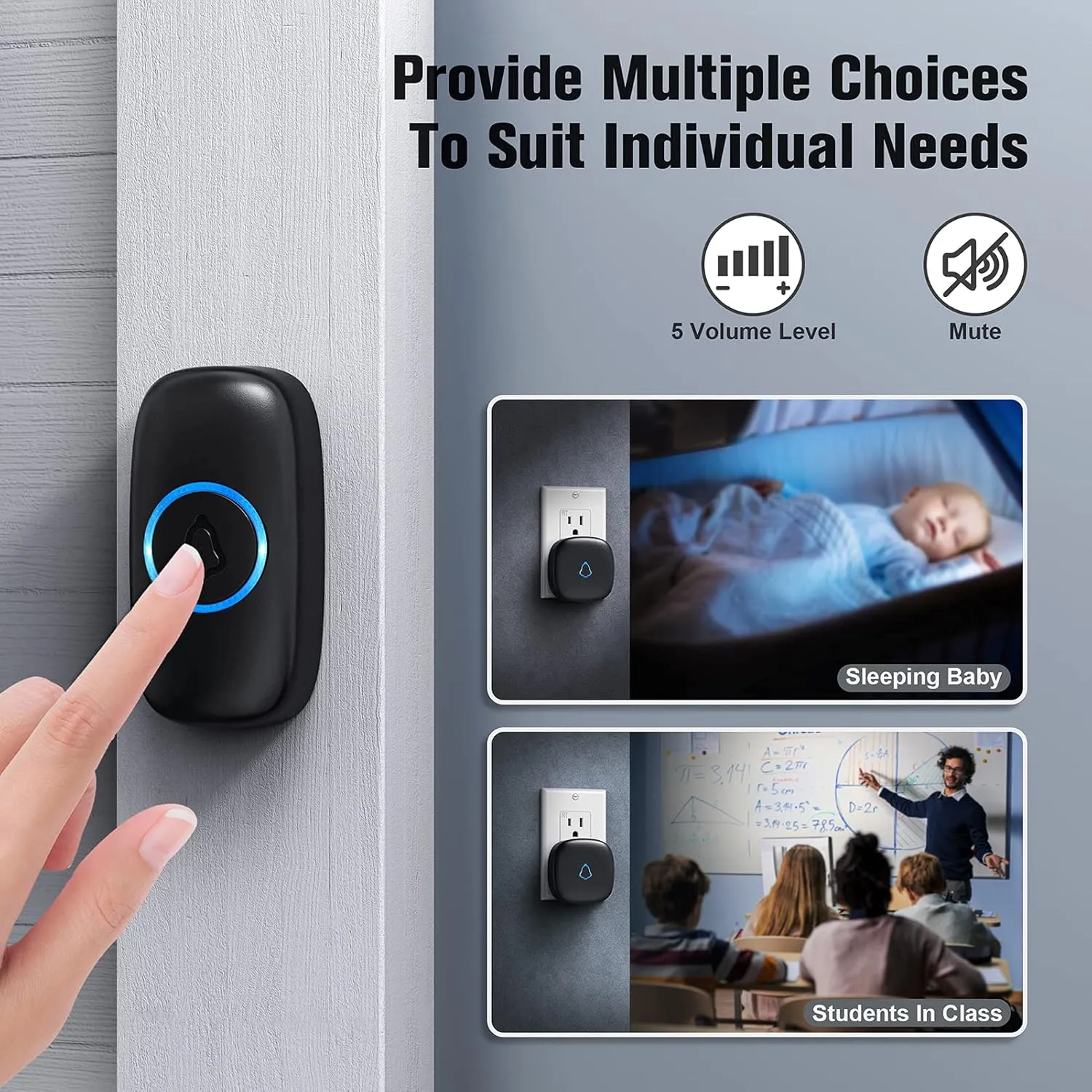 SECRUI Wireless Doorbell with 2 Buttons, Waterproof Mini Doorbell 1,000ft Range 110dB Mute Mode 58 Door Chimes & Colorful LED Flashing - Black