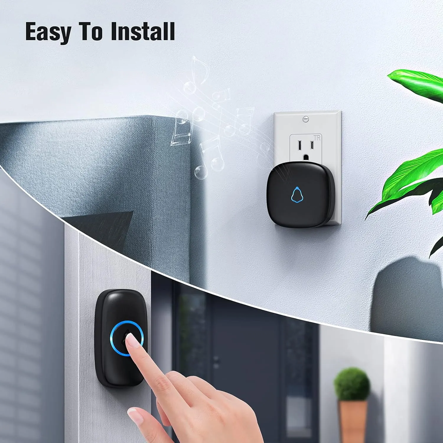 SECRUI Wireless Doorbell with 2 Buttons, Waterproof Mini Doorbell 1,000ft Range 110dB Mute Mode 58 Door Chimes & Colorful LED Flashing - Black