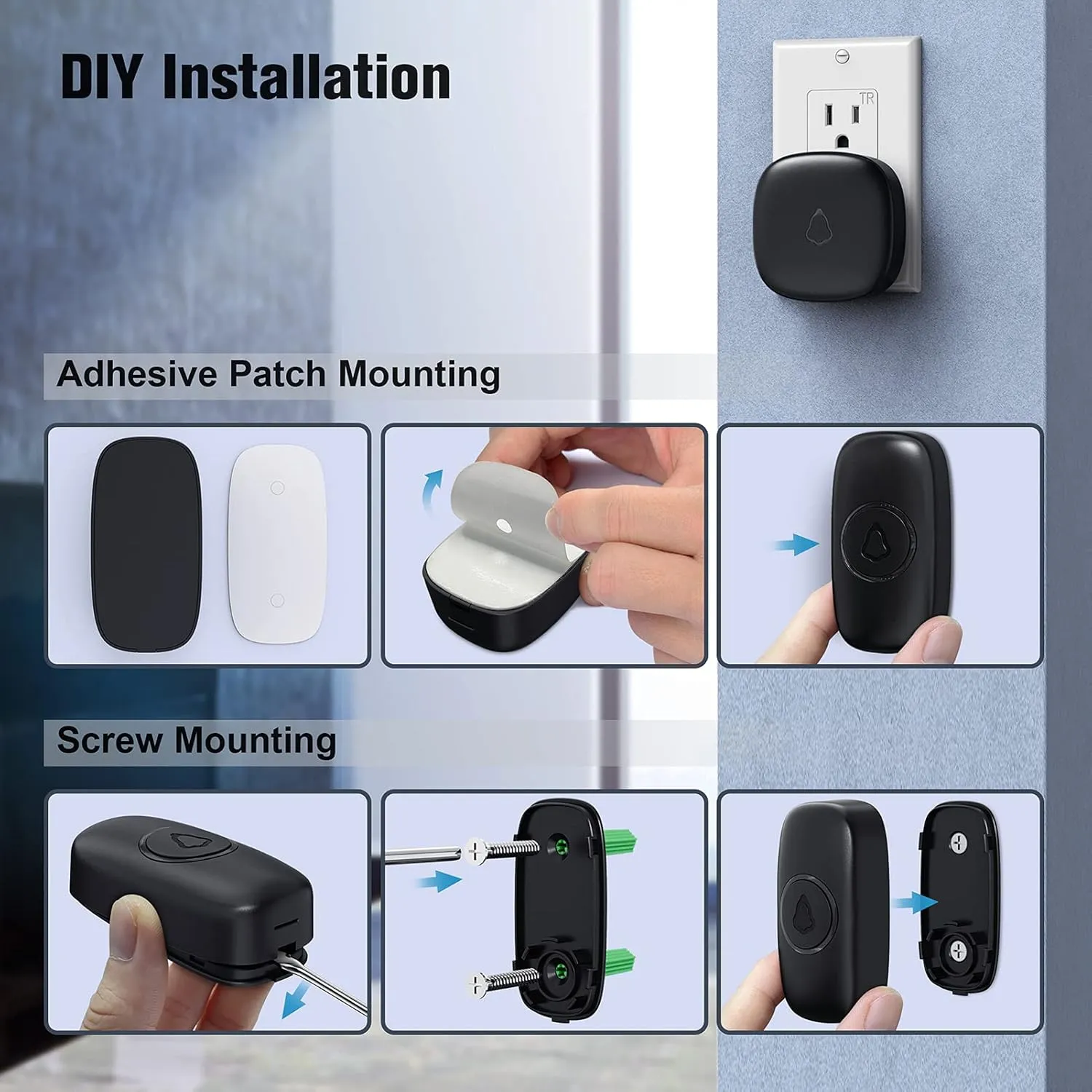 SECRUI Wireless Doorbell with 2 Buttons, Waterproof Mini Doorbell 1,000ft Range 110dB Mute Mode 58 Door Chimes & Colorful LED Flashing - Black