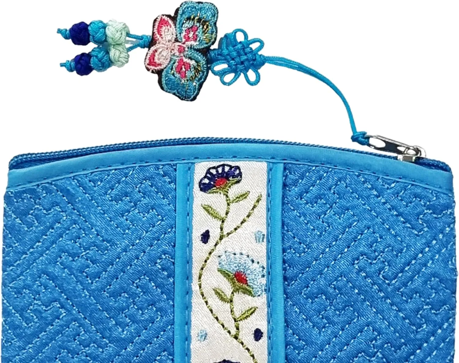 Seoulful Vintage Korean Embroidered Card Pouch - Wildflower Design Coin Purse with Butterfly Charm (Light Blue)