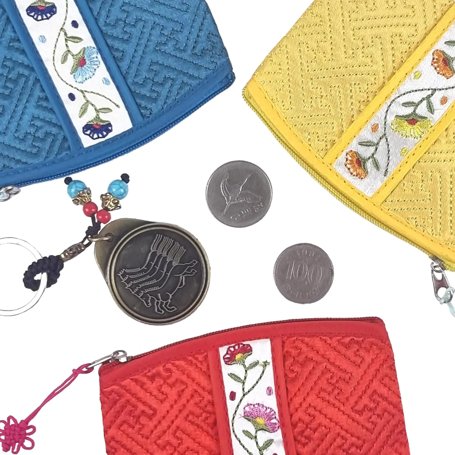 Seoulful Vintage Korean Embroidered Card Pouch - Wildflower Design Coin Purse with Butterfly Charm (Light Blue)