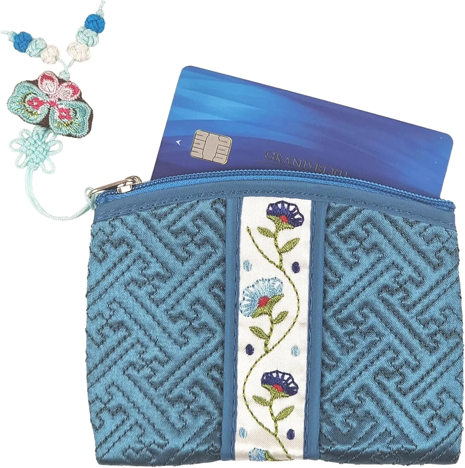 Seoulful Vintage Korean Embroidered Card Pouch - Wildflower Design Coin Purse with Butterfly Charm (Light Blue)