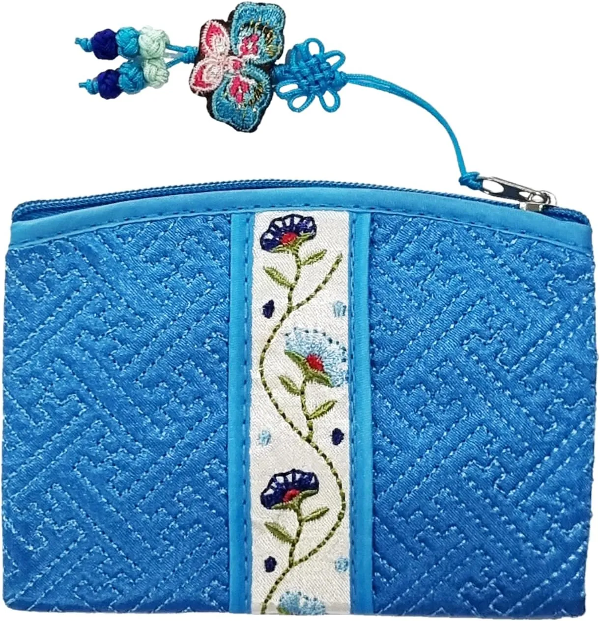 Seoulful Vintage Korean Embroidered Card Pouch - Wildflower Design Coin Purse with Butterfly Charm (Light Blue)
