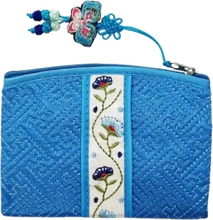Seoulful Vintage Korean Embroidered Card Pouch - Wildflower Design Coin Purse with Butterfly Charm (Light Blue)