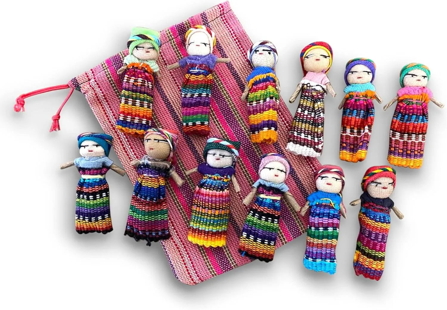 Set of 12 Guatemalan Handmade Worry Dolls With Colorful Crafted Storage Bag | Anxiety Dolls for Girls and Boys