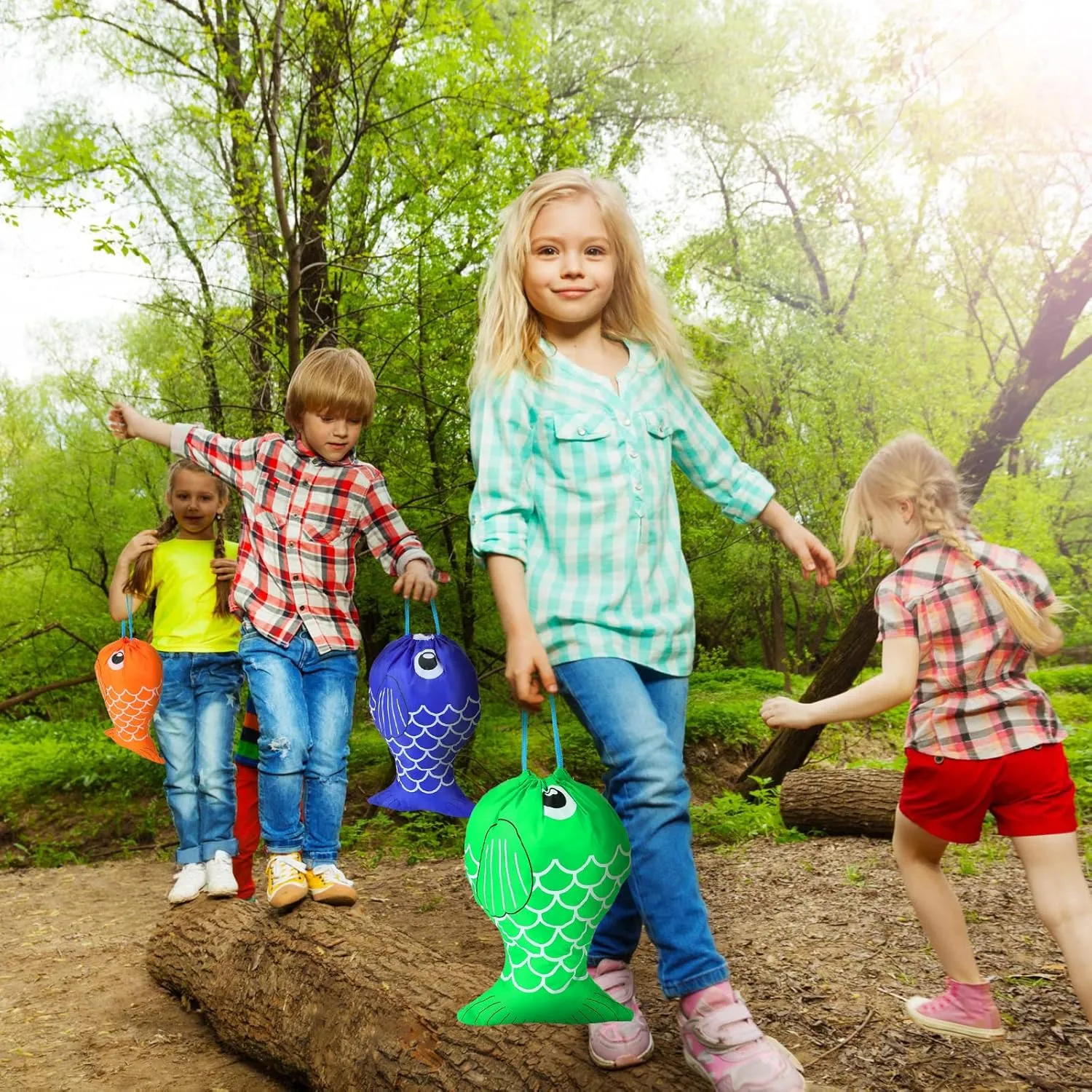 Shappy Little Fisherman Drawstring Bags Drawstring Backpack Bags Girls Boys Party Supplies Camping Favors Colorful Fishing Gift Bags for kids party favors Designs Candy Goody Treat Bags (Cute, 24)