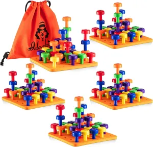 Shappy Toddler Peg Board 120 Pcs Pegs with 4 Foam Board,4 Sets Montessori Colorful Stackable Toys Learning Educational Toys for Color Recognition Counting Skills with Lacing String and Bag