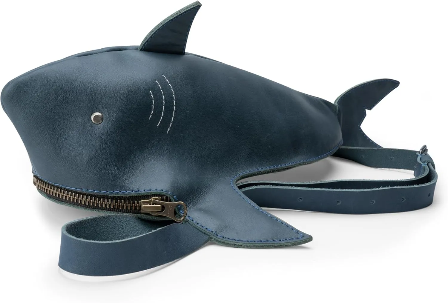 Shark-Shaped Shoulder Bag with Adjustable Strap, Crossbody Bag, Messenger Bag, Travel Accessory, Full Grain Leather, Handmade, Slate Blue