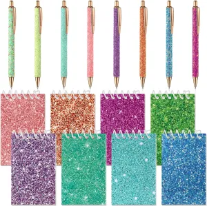 Sherr 16 Pcs Glitter Pens and Notebooks Glitter Pocket Notepad Mini Notebooks for Kids Fancy Pens for Women Colorful Ballpoint Spiral Notepads for Kids School Office Supplies(Multi Color)