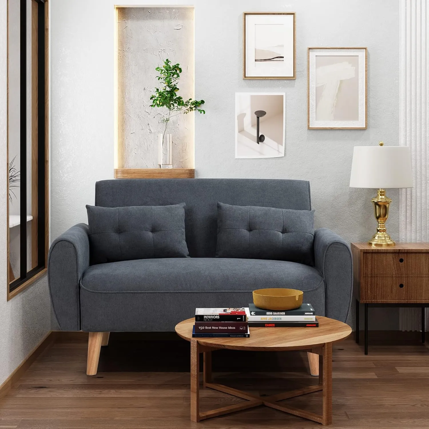 Shintenchi Small Modern Loveseat Couch Sofa, Mid Century Fabric Upholstered 2-Seat Sofa Couch Love Seats Furniture for Small Space, Dark Grey