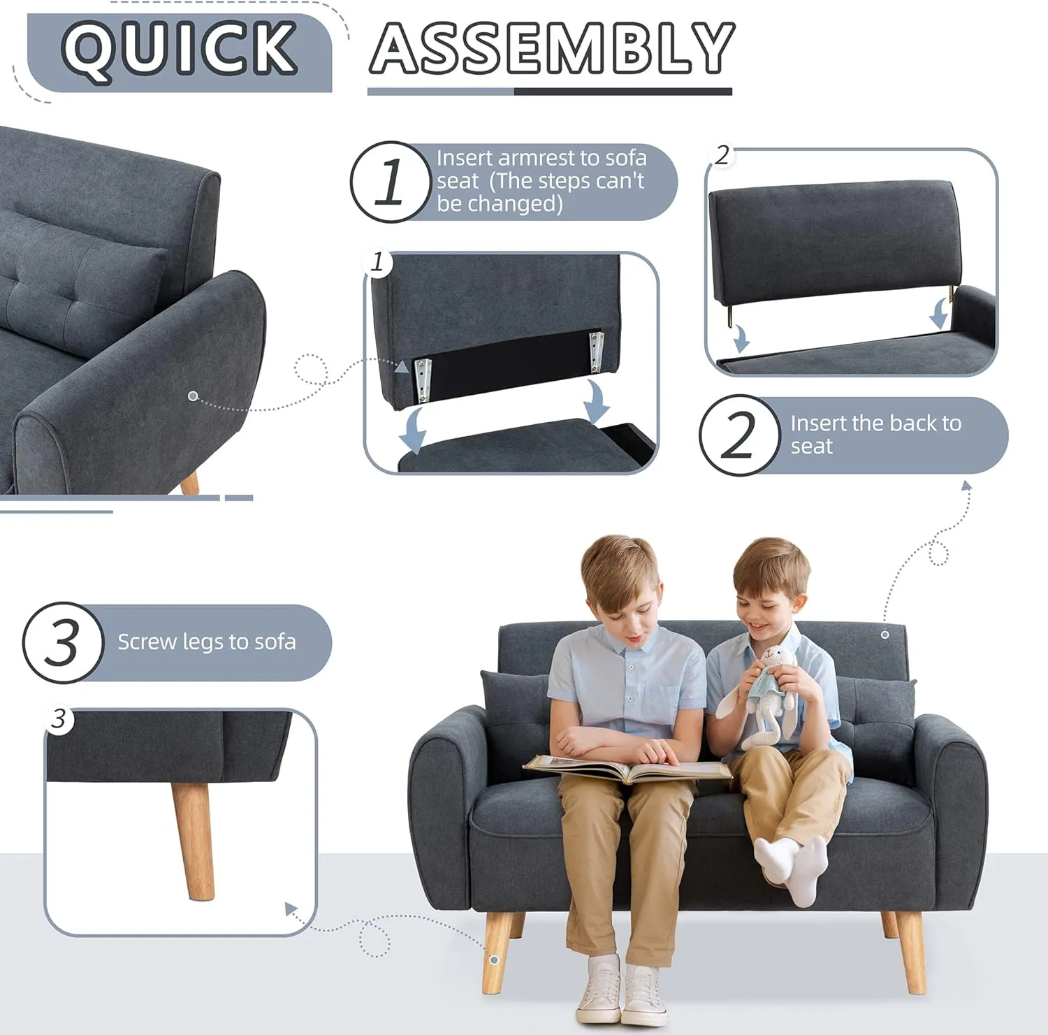 Shintenchi Small Modern Loveseat Couch Sofa, Mid Century Fabric Upholstered 2-Seat Sofa Couch Love Seats Furniture for Small Space, Dark Grey