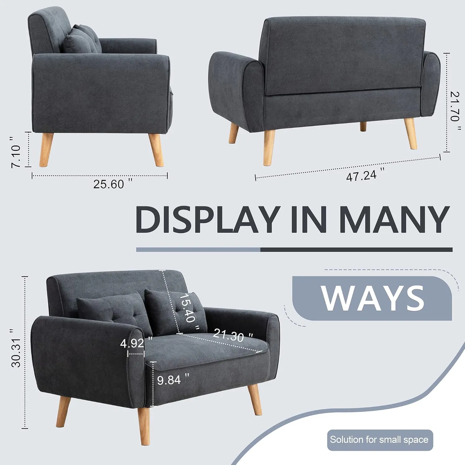 Shintenchi Small Modern Loveseat Couch Sofa, Mid Century Fabric Upholstered 2-Seat Sofa Couch Love Seats Furniture for Small Space, Dark Grey