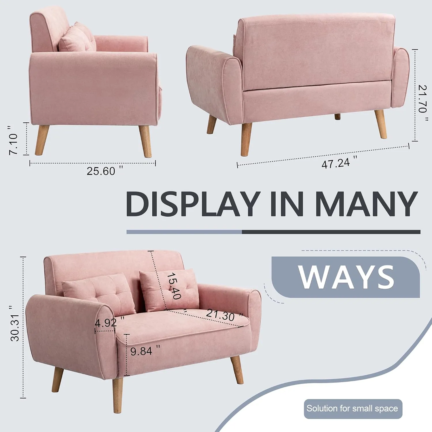 Shintenchi Small Modern Loveseat Couch Sofa, Mid Century Fabric Upholstered 2-Seat Sofa Couch Love Seats Furniture for Small Space,Living Room,Studio,Apartment with 2 Pillows, Pink