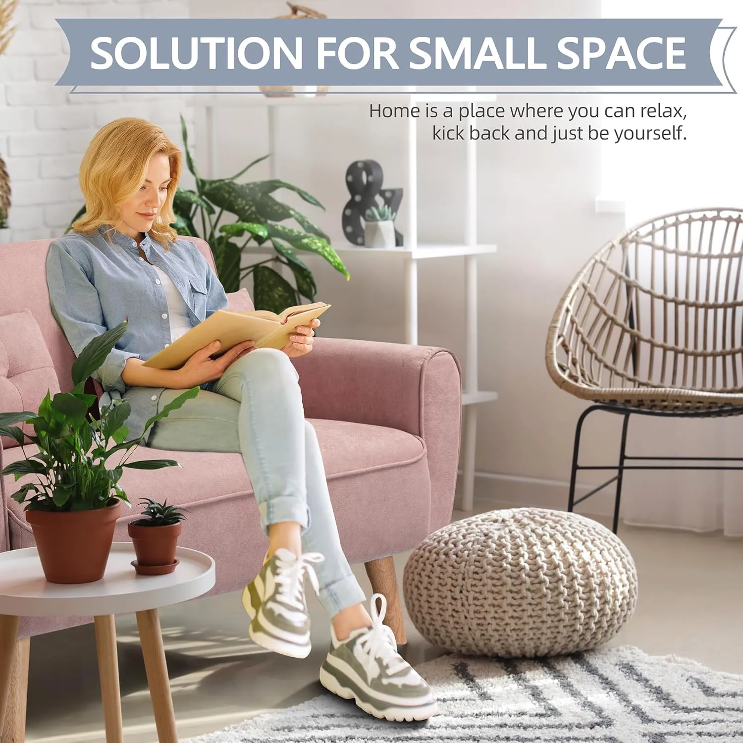 Shintenchi Small Modern Loveseat Couch Sofa, Mid Century Fabric Upholstered 2-Seat Sofa Couch Love Seats Furniture for Small Space,Living Room,Studio,Apartment with 2 Pillows, Pink