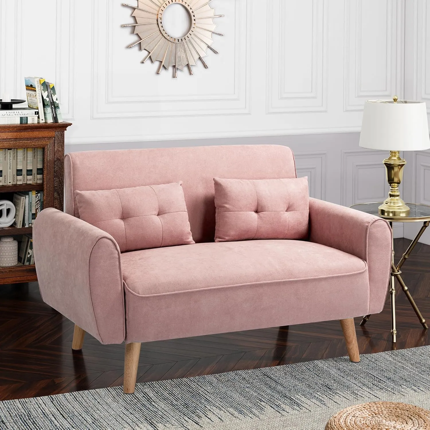 Shintenchi Small Modern Loveseat Couch Sofa, Mid Century Fabric Upholstered 2-Seat Sofa Couch Love Seats Furniture for Small Space,Living Room,Studio,Apartment with 2 Pillows, Pink