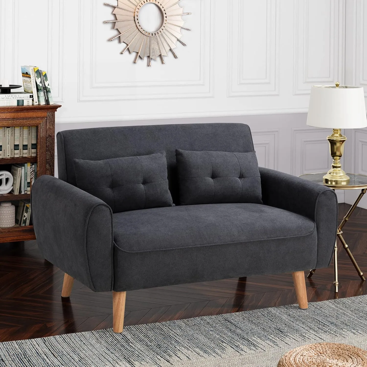 Shintenchi Small Modern Loveseat Couch Sofa, Mid Century Fabric Upholstered 2-Seat Sofa Couch Love Seats Furniture for Small Space,Living Room,Studio,Apartment with 2 Pillows,Black