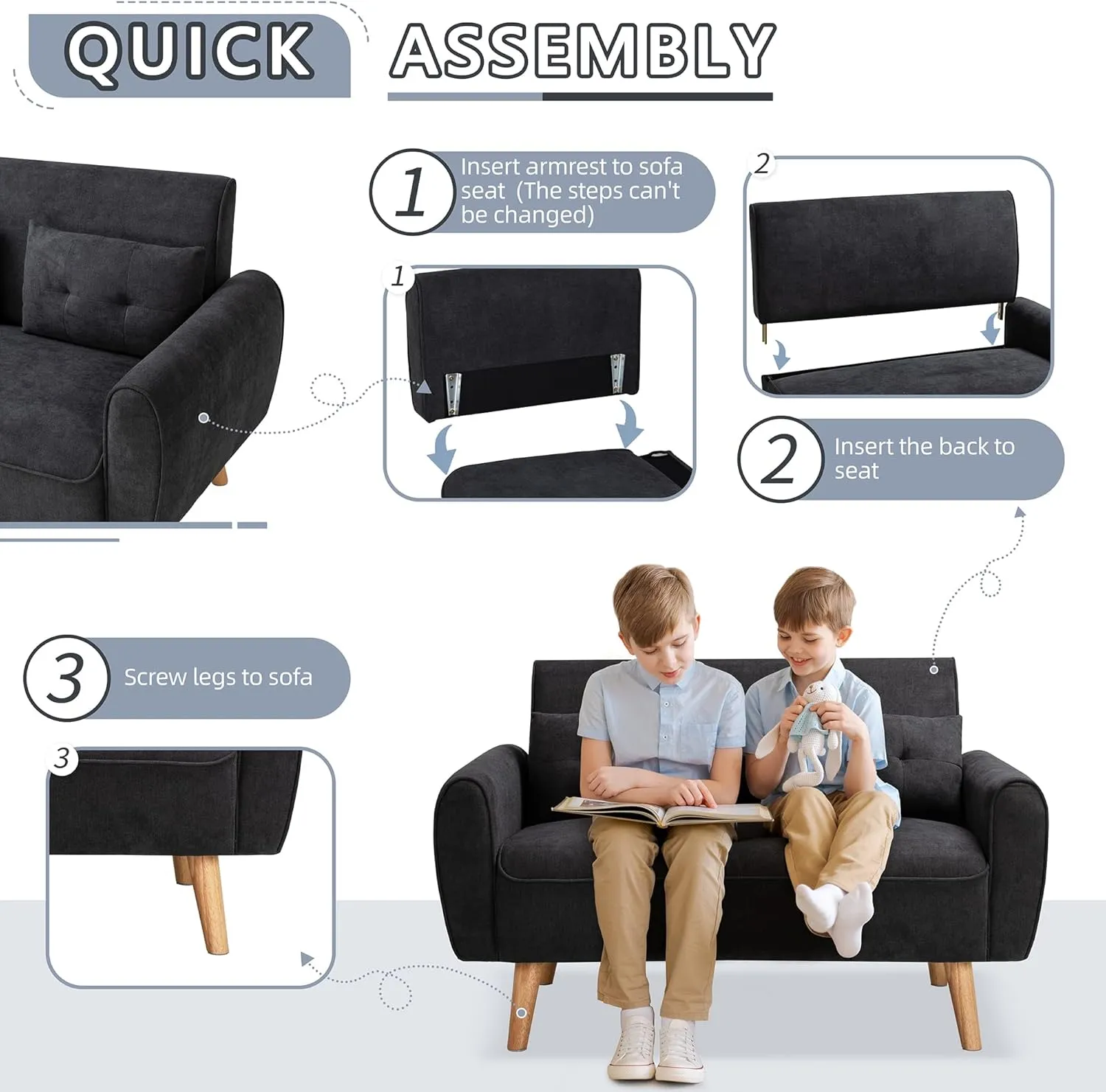 Shintenchi Small Modern Loveseat Couch Sofa, Mid Century Fabric Upholstered 2-Seat Sofa Couch Love Seats Furniture for Small Space,Living Room,Studio,Apartment with 2 Pillows,Black