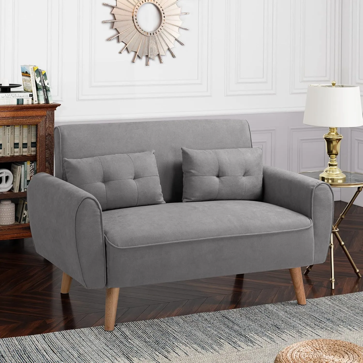 Shintenchi Small Modern Loveseat Couch Sofa, Mid Century Fabric Upholstered 2-Seat Sofa Couch Love Seats Furniture for Small Space,Living Room,Studio,Apartment with 2 Pillows,Light Grey
