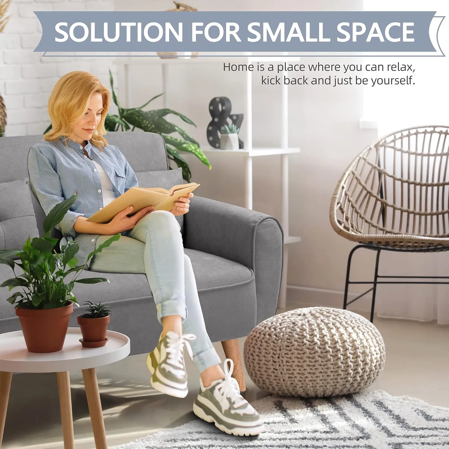 Shintenchi Small Modern Loveseat Couch Sofa, Mid Century Fabric Upholstered 2-Seat Sofa Couch Love Seats Furniture for Small Space,Living Room,Studio,Apartment with 2 Pillows,Light Grey