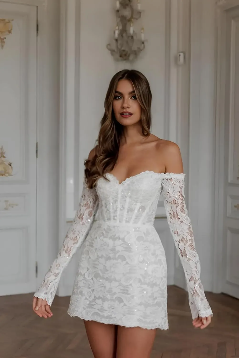 Short Wedding Dresses for Bride Beach Lace Strapless Tulle Applique Boho Mini Bridal Dress for Bride