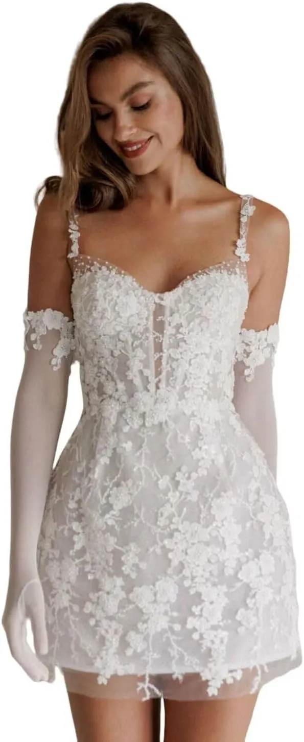 Short Wedding Dresses for Bride Beach Lace Strapless Tulle Applique Boho Mini Bridal Dress for Bride