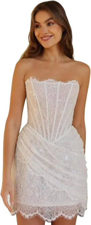 Short Wedding Dresses for Bride Beach Off Shoulder Strapless Long Sleeve Tulle Mini Tight Bridal Dress for Wedding