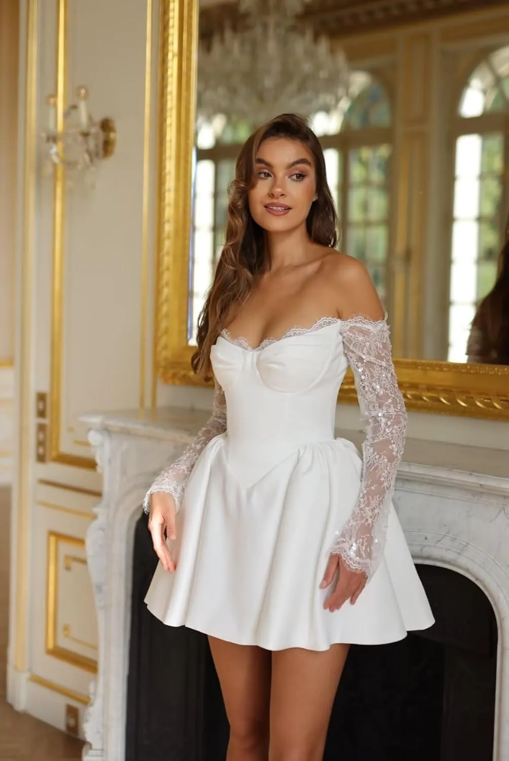 Short Wedding Dresses for Bride Boho Long Sleeve Lace Strapless Tulle Mini Tight Bridal Dress for Bride