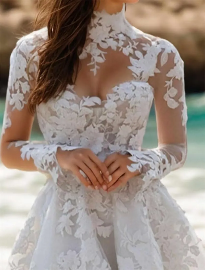 Short Wedding Dresses for Bride Boho Long Sleeve Lace Strapless Tulle Mini Tight Bridal Dress for Bride