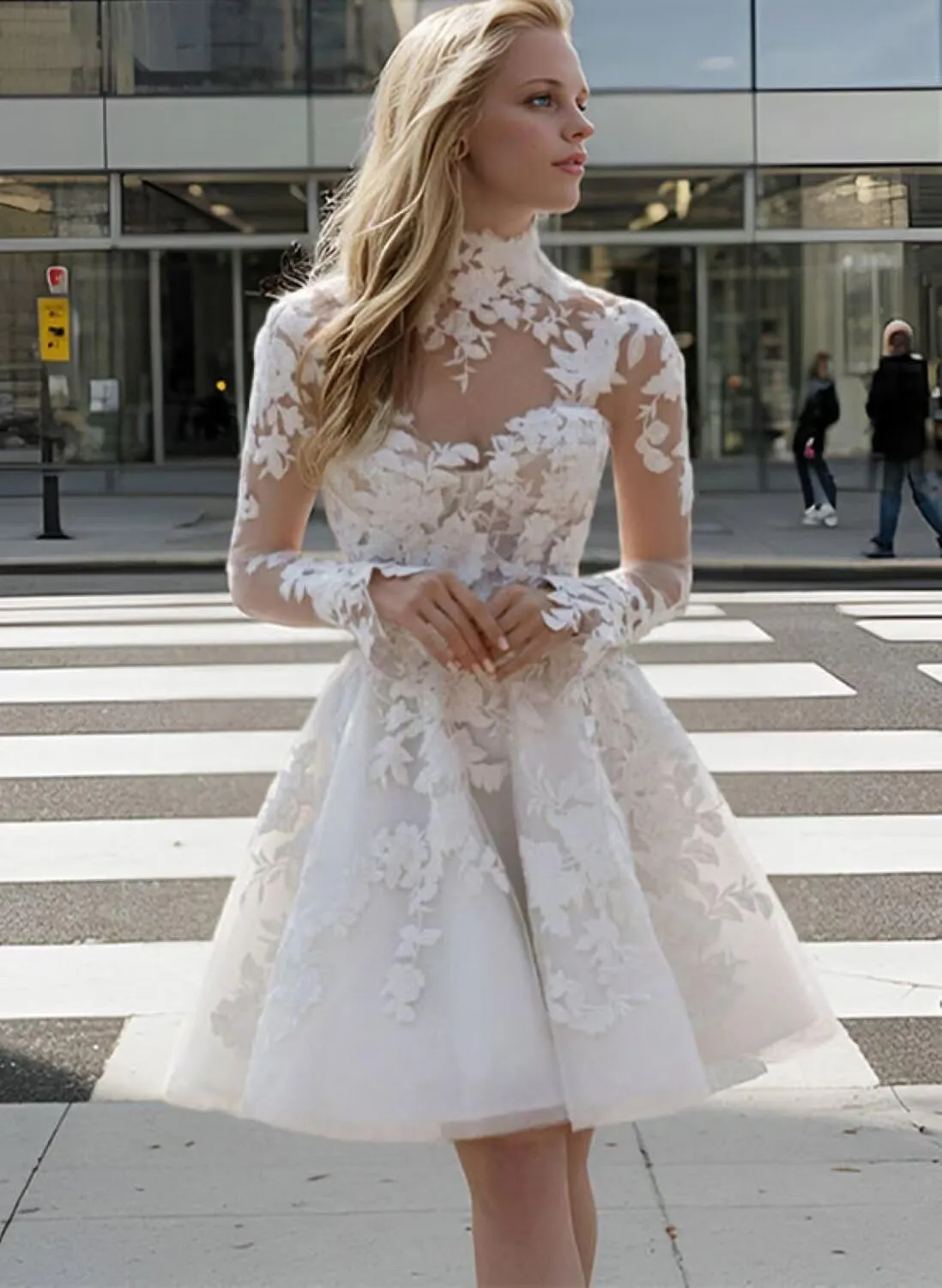Short Wedding Dresses for Bride Boho Long Sleeve Lace Strapless Tulle Mini Tight Bridal Dress for Bride