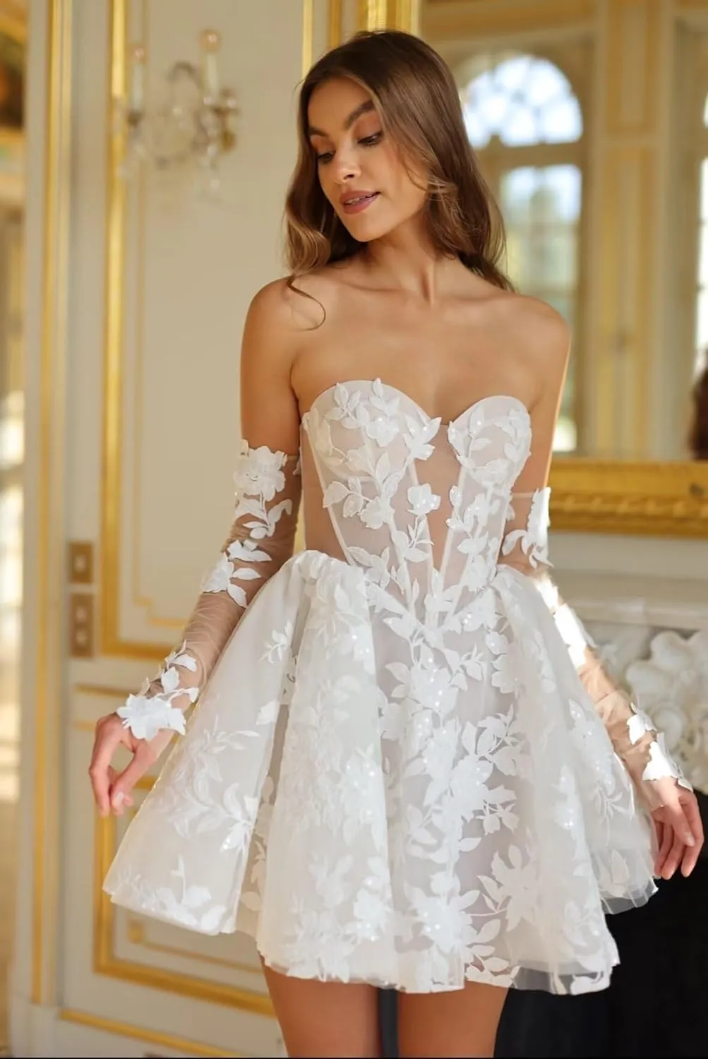 Short Wedding Dresses for Bride Boho Long Sleeve Lace Strapless Tulle Mini Tight Bridal Dress for Bride