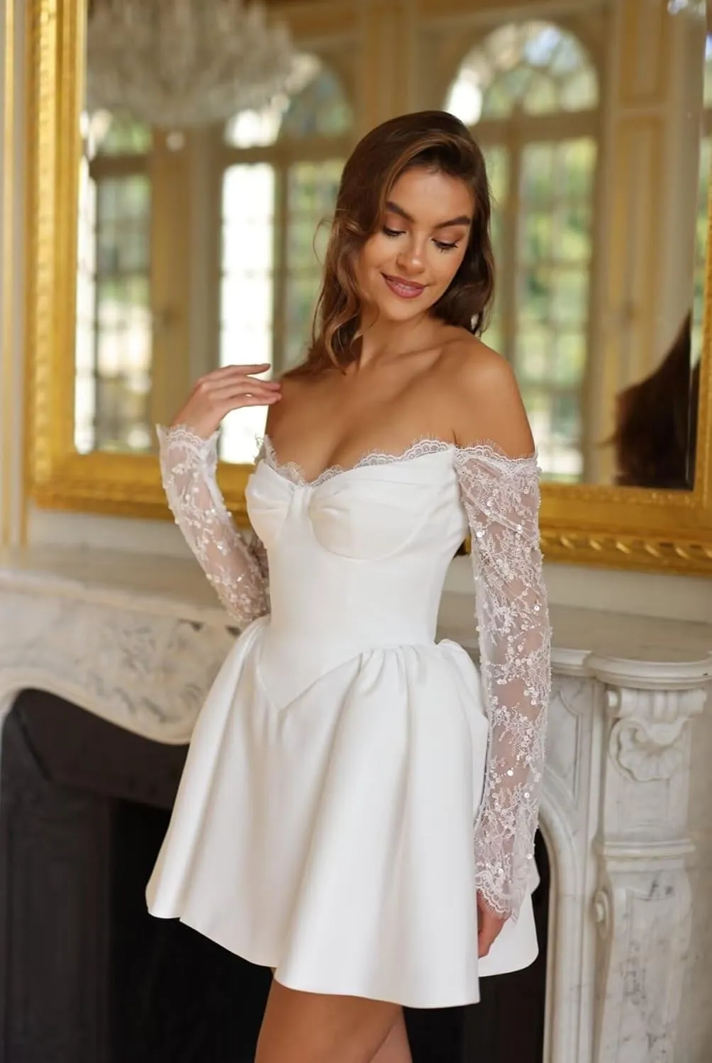 Short Wedding Dresses for Bride Boho Long Sleeve Lace Strapless Tulle Mini Tight Bridal Dress for Bride