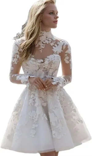 Short Wedding Dresses for Bride Boho Long Sleeve Lace Strapless Tulle Mini Tight Bridal Dress for Bride
