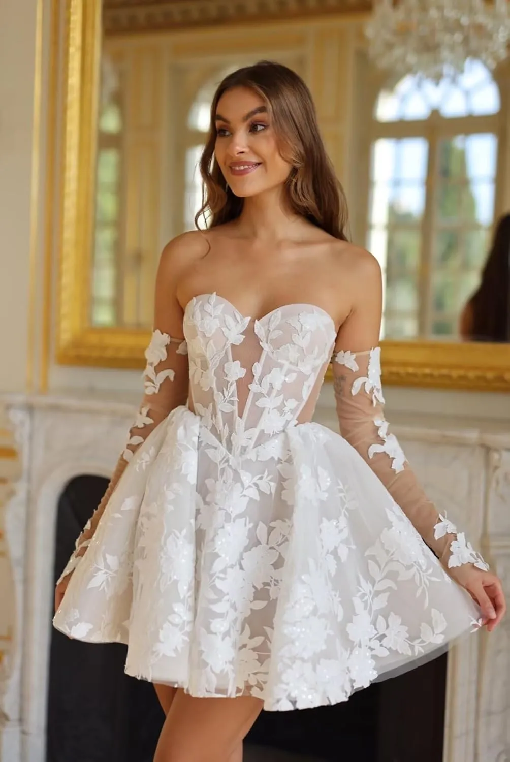 Short Wedding Dresses for Bride Boho Long Sleeve Lace Strapless Tulle Mini Tight Bridal Dress for Bride