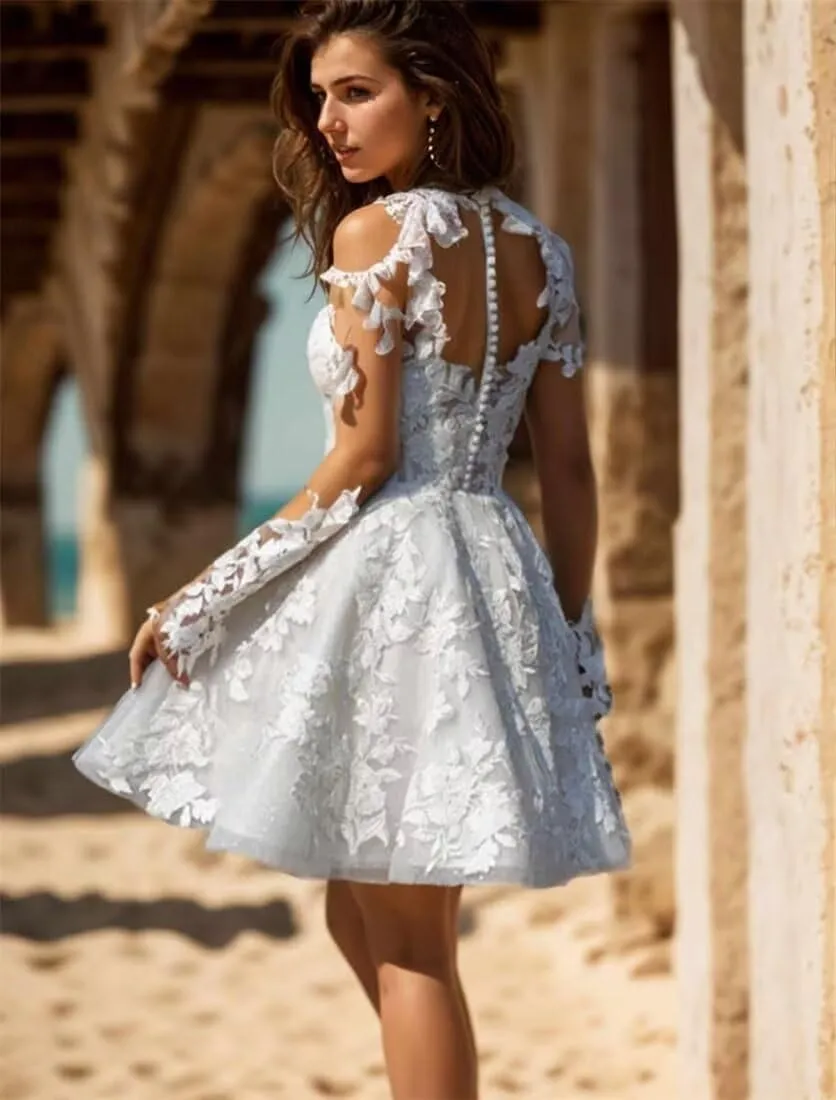 Short Wedding Dresses for Bride Boho Long Sleeve Lace Strapless Tulle Mini Tight Bridal Dress for Bride