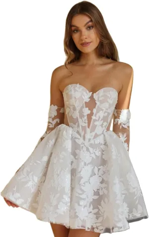Short Wedding Dresses for Bride Boho Long Sleeve Lace Strapless Tulle Mini Tight Bridal Dress for Bride