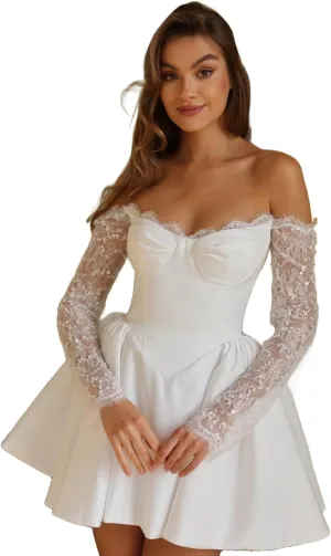 Short Wedding Dresses for Bride Boho Long Sleeve Lace Strapless Tulle Mini Tight Bridal Dress for Bride